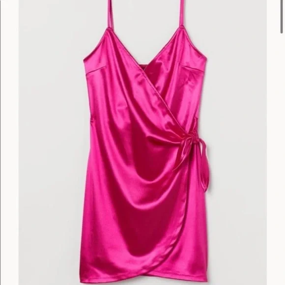 h&m pink satin wrap dress H&M Pink Satin Wrap Mini